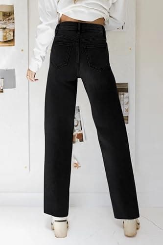 KDF Straight Leg Jeans for Women High Waisted Jeans Frayed Baggy Pants Raw Hem Loose Stretchy Cropped Wide Leg Jeans thumbnail 2