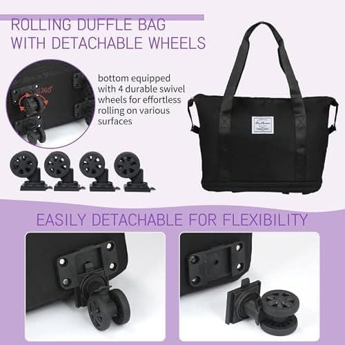 VOOWO Rolling Duffle Bag with Wheels, Expandable Foldable Duffle Bag for Travel, Rolling Under Seat Luggage Carry on Duffel Bags, Wheeled Travel Duffel Weekend Bags, Capacity 18L to 40L (Black) thumbnail 5