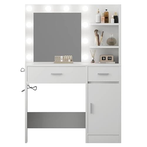 LIVELYGLOW Lighted Makeup Vanity Desk, 35.4“W x 15.7'”D x 54“H, White (with Lights and Mirror, Dimming Function, 2 Drawers and 1 Cabiniet, Open Shelves) by Boahaus thumbnail 8
