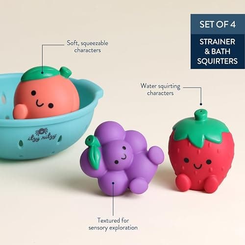 Itzy Ritzy Bath Squirter Toys – Set of 3 Textured, Fruit-Shaped Bath Toys & 1 Sprinkle Strainer – Itzy Splash Pals Promote Sensory Play, Cause & Effect, & Motor Skill Development – 6 Mos & Up (Fruit) thumbnail 5