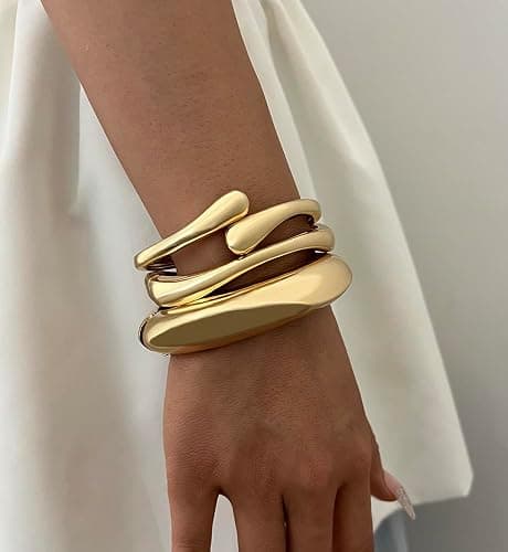 Chunky Gold Bangle Bracelets for Women, Dainty 14k Gold Plated Big Stackable Bangles Set, Trendy Statement Cuff Bracelet Stack Fashion Jewelry Gifts thumbnail 2