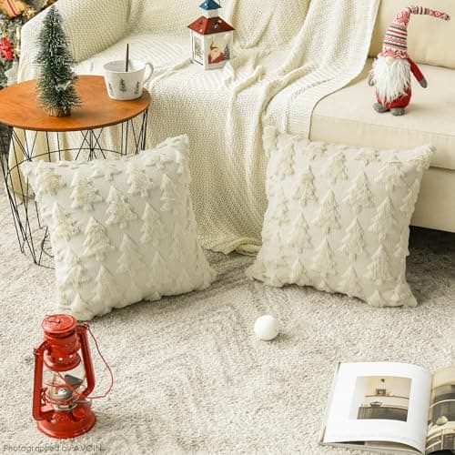 AVOIN colorlife Christmas Tree Beige Throw Pillow Covers Set of 2, 18 x 18 Inch Soft Plush Faux Fur Jacquard Festivals Winter Cushion Case Decoration for Sofa Couch thumbnail 3