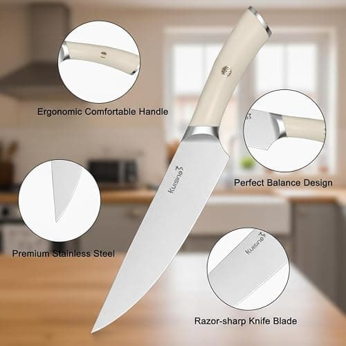 KUISINE Upgraded Knife Set High Carbon Stainless Steel Super Sharp Blade Ergonomic Rivet Handle,Knife Block Set with Built-in Sharpener(Ivory Acacia Pro,15PCS) thumbnail 6