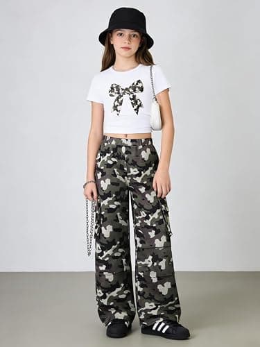 Azmxynol Tween Girls Clothes 2 Piece Outfit Bow T-Shirt Top + Cargo Pants Teen Girl Clothing Set, Sizes 7-16 Years thumbnail 2