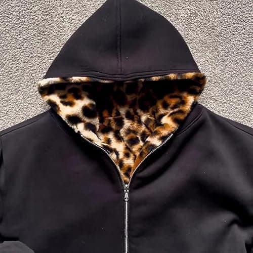 CUTEGAL Leopard Zip Up Hoodie Y2K Jacket Cheetah Print Oversized Streetwear | CUTEGAL,Reversible Style,Soft Fleece Lining,Casual Autumn Outfit,Grunge Fashion Aesthetic thumbnail 2