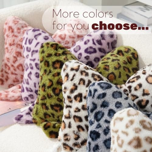 UNWAAT Cute Leopard Print Bow Throw Pillow Furry Bow Plush Pillows Plush Shaggy Cheetah Pillow Home Decor for Bed Couch Living Room Decor thumbnail 3