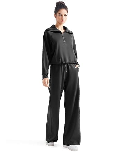 SUUKSESS Women 2 Piece Lounge Matching Set Wide Leg Sweatpant Half Zip Sweatshirt thumbnail 4