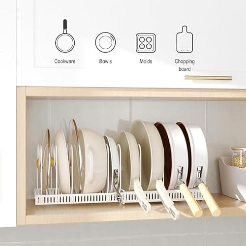 Lhieiayh Pots and Pans Organizer under Cabinet,Expandable Pot Lid Organizer Holder with 10 Adjustable Dividers for Kitchen Cabinet Cookware Baking Frying Rack,White thumbnail 4