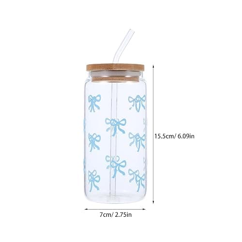 VALICLUD Cute Glass Tumbler with Straw and Lid, Large Capacity High-temperature Resistant Juice and Coffee Cup, Blue Bowknot Design with Wooden Lid for Iced Drinks and Water thumbnail 3