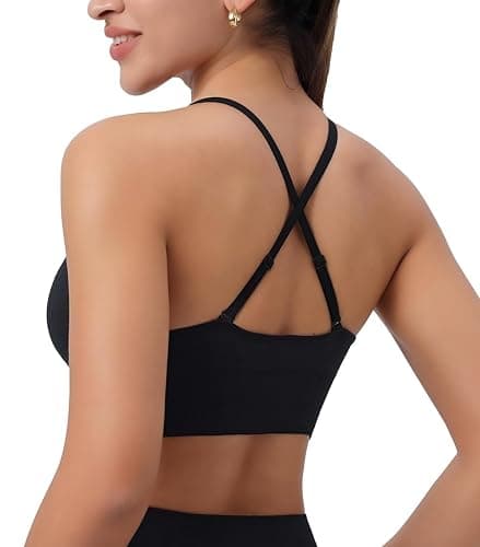 Womens Deep V-Neck Longline Sports Bra, Strappy Criss Cross Padded Cups Adjustable Spaghetti Straps Workout Yoga Crop Top thumbnail 2