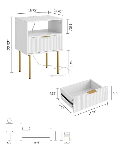 Aienvey Nightstand with Charging Station, Small Side Table, Modern Night Stand with Drawers, Bedside Table for Bedroom, Living Room End Table, White Stripe thumbnail 2