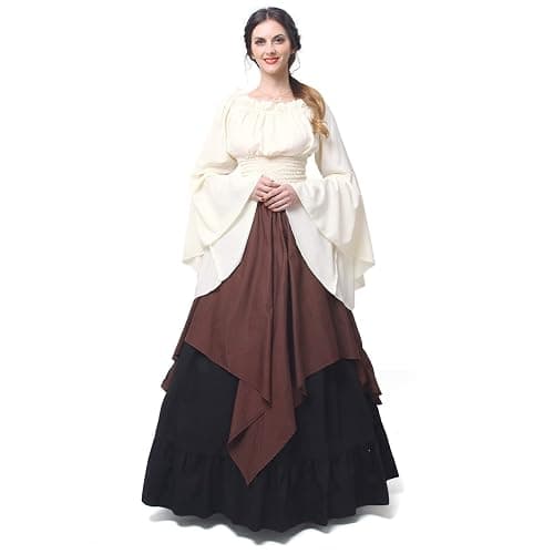 NSPSTT Renaissance Costume Women 2 Piece Medieval Dress Set Bell Sleeve Layered Peasant Outfit for Ren Faire - Image 1