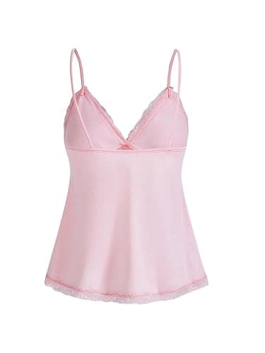 GORGLITTER Damen Spaghettiträger Top Cami Tops V-Ausschnitt Oberteil Stretch Trägershirts mit Kontrast Spitzen thumbnail 2