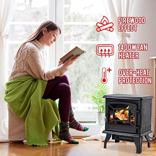 FDW Electric Fireplace Heater 20" Freestanding Fireplace Stove Portable Space Heater with Thermostat for Home Office Realistic Log Flame Effect 1500W CSA Approved Safety 20"Wx17"Hx10"D,Black thumbnail 5