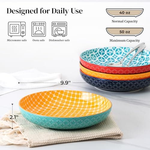 DOWAN 10" Vibrant Pasta, Salad & Soup Serving Bowls Set of 4, Embossed Large Porcelain Ceramic, Microwave & Dishwasher Safe, Bonita Design Dinnerware Dishes for Daily Dining, Family Gatherings, Party thumbnail 2