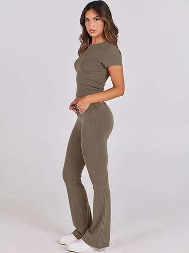 ANRABESS Lounge Sets for Women 2 Piece Foldover Yoga Flare Leggings Pants Crop Tops Casual Y2K Outfits Matching Tracksuit Set - X-Small - Coffee Grey thumbnail 3