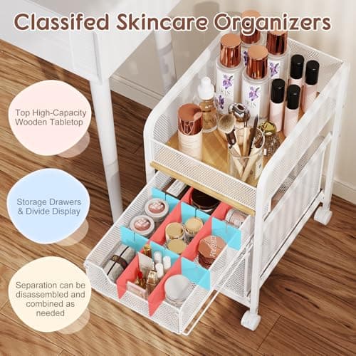 Hongtamoya Rolling Makeup Cart Organizer with 2 Drawers, Narrow Floor Skincare Organizers, Vanity Organizer Cosmetics Display Cases Holder for Skin Care Nail Polish Perfume Makeup Brush, White thumbnail 4