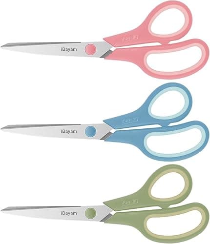 iBayam 8.5 Inch Scissors All Purpose Heavy Duty 3 Pack, 2.5mm Thick Ultra Sharp Blade Comfort-Grip for Office Classroom School Cardboard Craft Desk, Left/Right Handed, Cute Pastel Pink Blue Green - Image 1