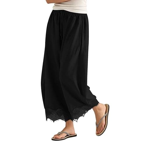 Womens Cropped Lace Trim Pants High Waisted Elastic Drawstring Wide Leg Trousers Casual Flowy Boho Pant with Pockets - Image 1