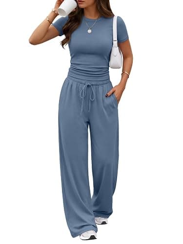 Trendy Queen Women's 2 Piece Matching Summer Lounge Set with Pockets | Vacation Airport Travel Outfits, Workout Gym Clothing Comfy Athleisure Clothes, Side-ruched Top, Drawstring Wide Leg Pants - Image 1