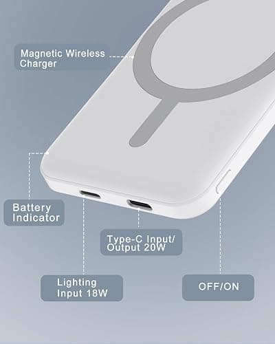 podoru for Magsafe Power Bank, 5000mAh Magnetic Battery Pack with Type-C Cable 20W PD Fast Charging Lighting Input for Wireless Portable Charger for iPhone 17/16/15/14/13/12 Series-Ceramic White thumbnail 5
