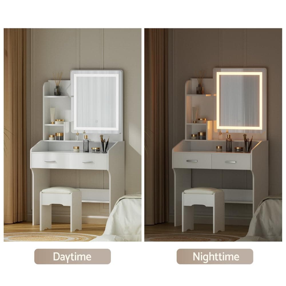 Artiss Dressing Table, LED Mirror Makeup Stool Set Wooden Vanity Desk Chair, Home Bedroom Furniture Girls Kids Women Organisers, Drawers Shelves Wide Tabletop White thumbnail 5