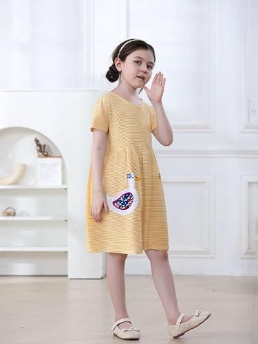 FreeLu Girls Cartoon Appliques Dress Cotton Summer Short Sleeve Dresses Casual Jersey Skirt thumbnail 2
