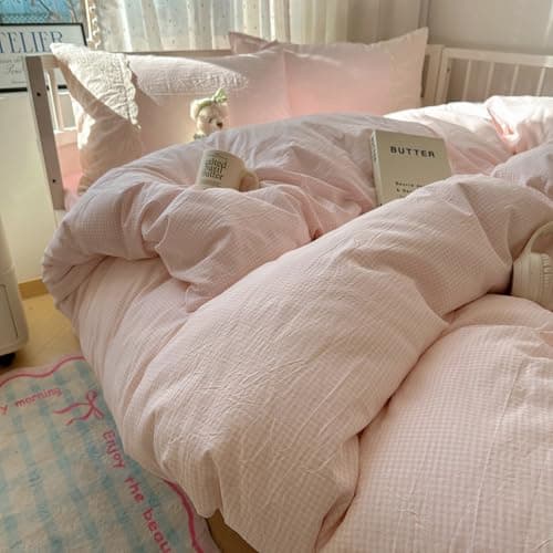 LifeTB Pink Gingham Comforter Set Full Size Soft Fluffy Romantic Lace Bedding Set Cottagecore Cute Plaid Checkered Comforter Set 3 Pieces Pink Grid Farmhouse Bedding Comforter with 2 Pillowcases thumbnail 2