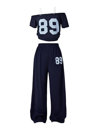 Verdusa Girl's 2 Piece Athletic Tracksuit Number Off The Shoulder Tops with Wide Leg Pants Set - Image 1