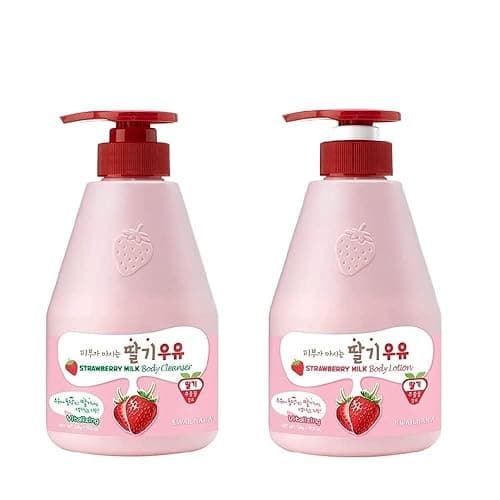WELCOS Kwailnara Strawberry Milk Body Lotion & Body Wash Set – Moisturizing & Revitalizing Korean Skincare Set with Strawberry Extract, 560g / 19.75oz Each - Strawberry