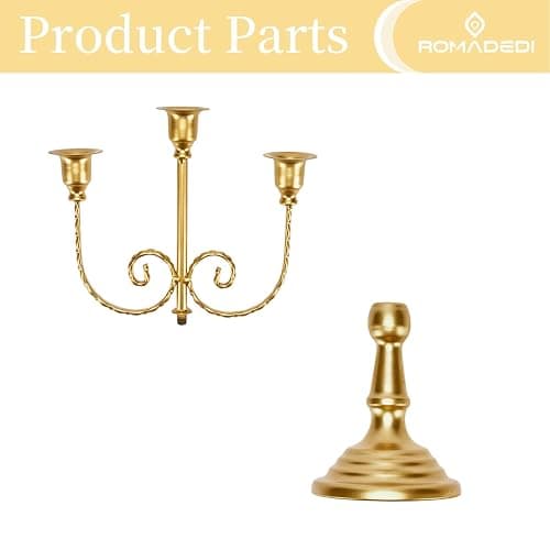 Romadedi Gold 3 Arm 11.8" Candelabra Candle Holders, Set of 2 | Wedding Candlestick Holder, Theme Party Table Centerpiece Decor, Dining Room, Birthday Holiday Christmas thumbnail 8