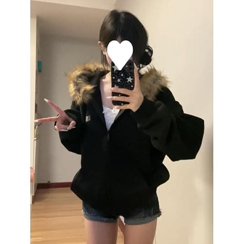 HOHOPEACH Y2k Zip Up Hoodie Fur Jackets Winter Coats Teen Emo Grunge 2000s Clothes Vintage Streetwear Women thumbnail 5