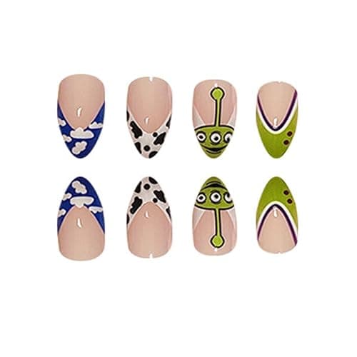 Halloween Press on Nails Almond Shape Fake Nails Green Acrylic Nails French Tip False Nails Clouds Cow Pattern Design Cute Stick on Nail Full Cover Glossy Glue on Nail for Women Manicure thumbnail 2