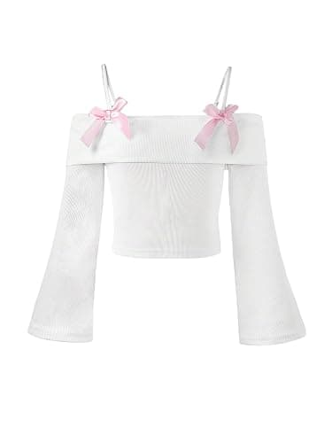 Verdusa Girl's Tops Off The Shoulder Long Sleeve T Shirt Ribbed Knit Cute Clothes for Girls 10-12 - Image 1