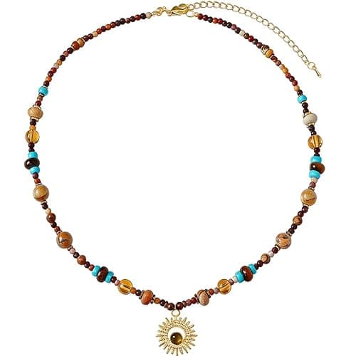 MEETCUTE Sunflower Tiger's Eye Pendant Beaded Necklace for Women, Vintage Boho-Charm Necklace Fashion Chain Accessory Creative, Dainty Jewelry GiftS - Image 1
