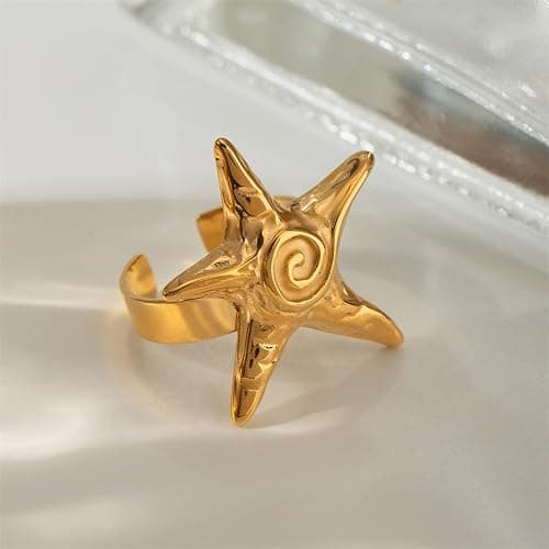 OIDIMS Vintage Starfish Statement Ring for Women Gold-Tone-Tone Stainless Steel Fashion Adjustable Ocean Sea Style Open Wrap Finger Rings Comfort Fit Chic Holiday Summer Party Jewelry Dainty Gift thumbnail 4