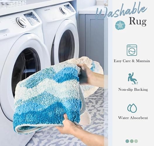 DyeFury Blue Ocean Wave Bath Mat, Cute Funky Bathroom Rugs for Coastal Beach Nautical Themed Decor, Non-Slip Washable Accent Rug for Bedroom Kitchen, Trendy Tufted Shower Mats 31"x 21" thumbnail 5