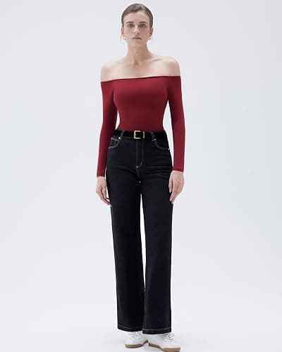 SUUKSESS Women Padded Off The Shoulder Tops Ribbed Long Sleeve Shirts Fall Basic thumbnail 3
