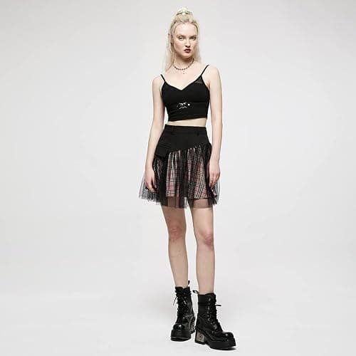 PUNK RAVE DAILY Women Gothic Skirts Women Goth Mini Plaid Skirt with Tulle Punk Dunk High Waist A-Line Party Skirt thumbnail 4