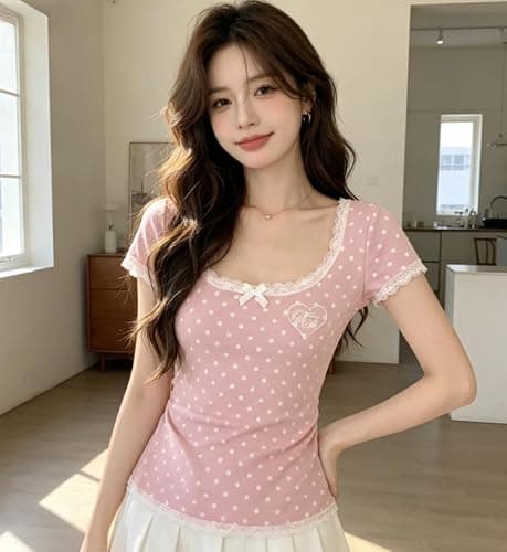 Womens Y2K Sweet Japanese Kawaii Pastel Stripe Print Henley T Shirt Cute V Neck Soft Aesthetic Casual Fitted Baby Tee thumbnail 2