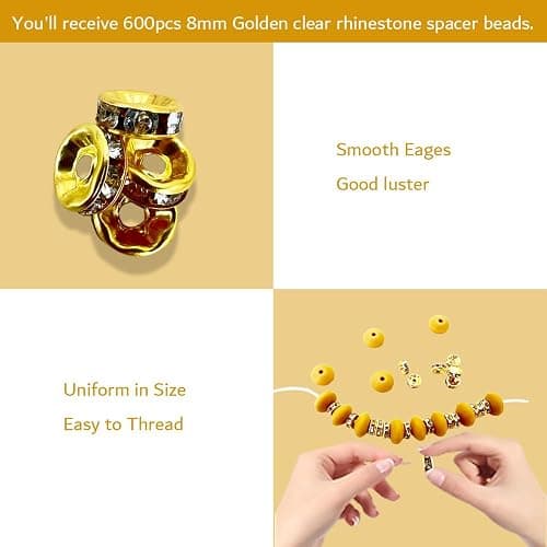 MIIIM 600pcs Gold Rondelle Spacer Beads, 8mm White Diamond Rhinestone Focal Beads for Jewelry Making, Golden Charms for Bracelets thumbnail 4