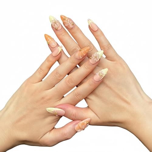 Handmade Press On Nails, Medium Almond Fake Nails with 3D Flowers & Metal Charms, Reusable Full Cover Acrylic Nails,Luxury Orange-Yellow Gradient French Tips for Women.(10PCS Size S) thumbnail 2