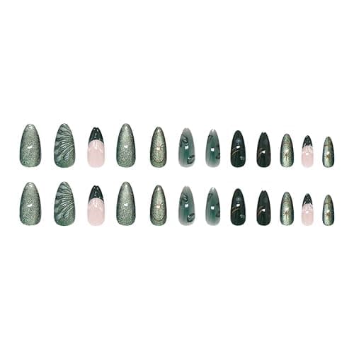 24Pcs Green Press on Nails Medium Almond Fake Nails with 3D Green Ripple Design Handmade Press on French Nails Tips Leaves Pattern Full Cover Glossy Y2k Reusable DIY Nails for Women Nail thumbnail 5