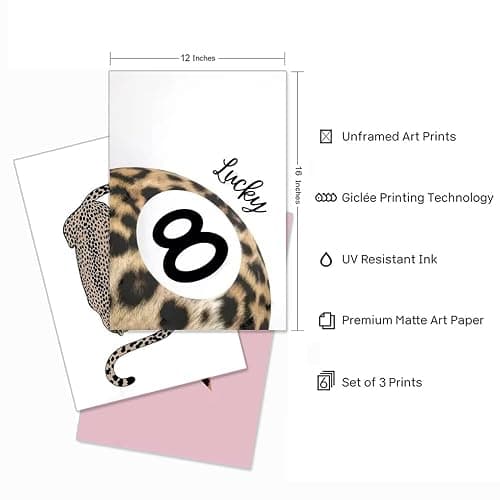 Set of 3 Preppy Cheetah Wall Art Trendy Pink Leopard Canvas Prints Star Lucky 8 Ball Posters Aesthetic Wall Decor Pictures for Girly Bedroom Apartment Dorm Unframed 12x16in thumbnail 6