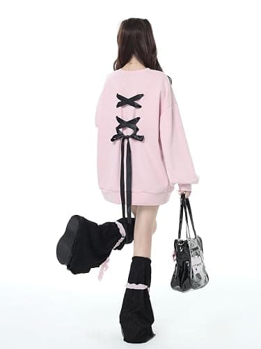 OATSBAS Women's Cute Sweatshirts Love Heart Print Y2K Bow Tie Lace Up Cute Loose Casual Long Sleeve Top thumbnail 2
