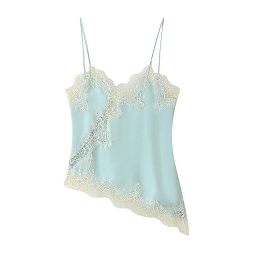 Women Lace Trim Satin Tank Top Halter Neck Silk Camisole Tops Patchwork Backless Spaghetti Strap Cami Shirts thumbnail 3
