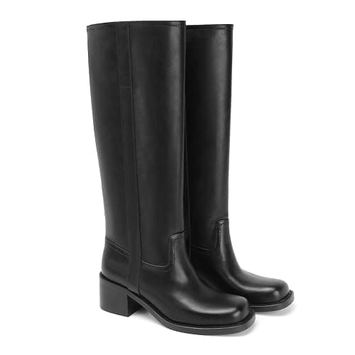Gothictor Women's Banana Knee High Boots Square Toe Chunky Block Heel Comfortable Low Heel Pull on Wide Calf Riding Long Boots for Women thumbnail 7