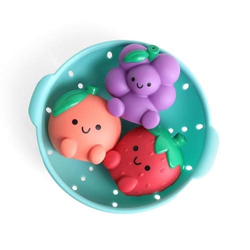Itzy Ritzy Bath Squirter Toys – Set of 3 Textured, Fruit-Shaped Bath Toys & 1 Sprinkle Strainer – Itzy Splash Pals Promote Sensory Play, Cause & Effect, & Motor Skill Development – 6 Mos & Up (Fruit) - Image 1