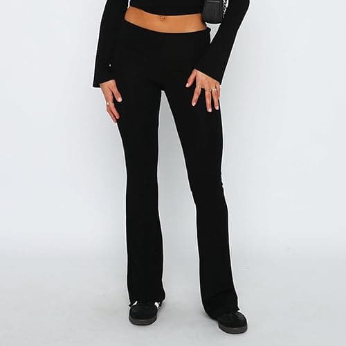 chaktkglok Flare Leggings for Women Low Rise Fold Over Flared Yoga Pants Bootcut Leggings Ladies Comfy Workout Pants thumbnail 3