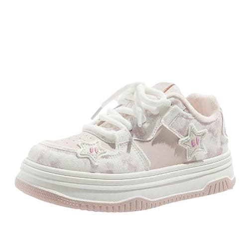 Star Shoes Walking Sneakers for Women Pink Fuzzy Lined Platform Low Top Round Toe Sneakers with Cute Plush Pink Stars US5.5-8 - Image 1